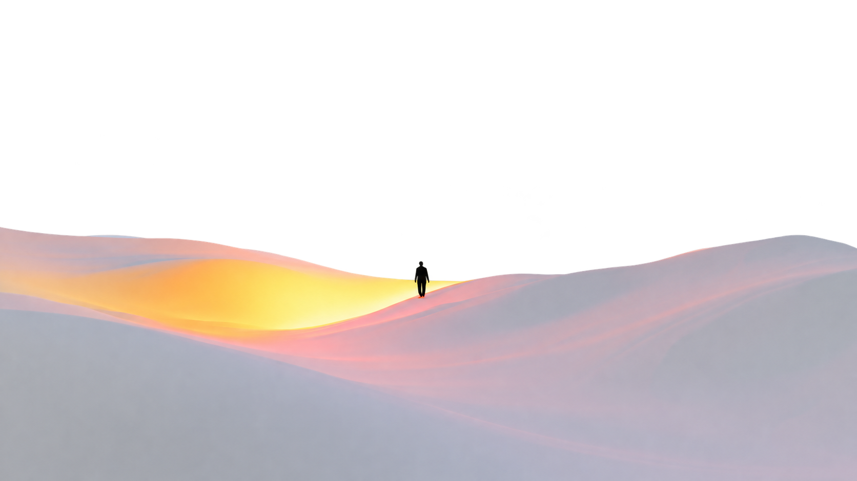 Kleine Gestalt, die über sanfte helle Dünen auf warmes Licht zugeht